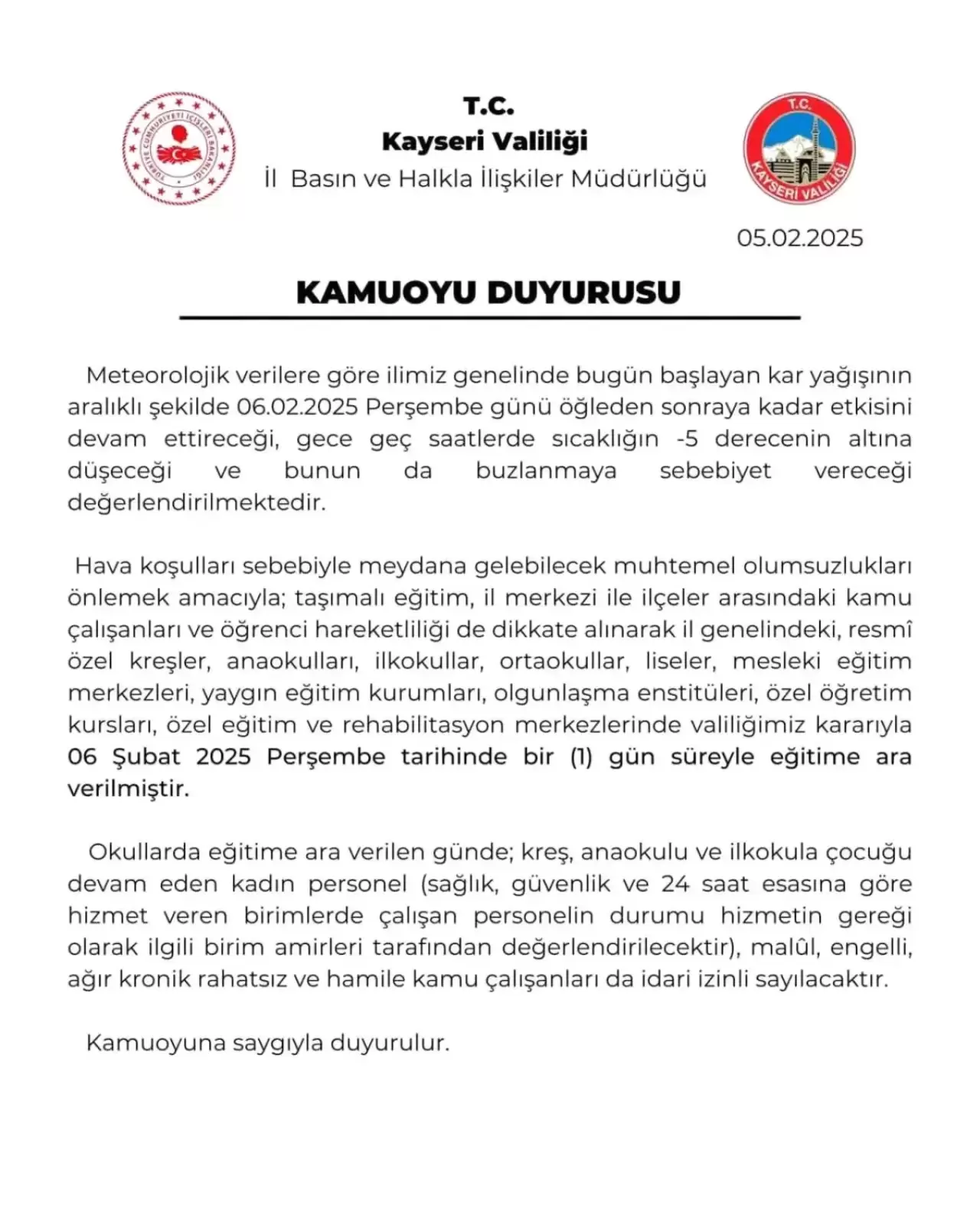 Kayseri\'de Eğitime Kar Arası