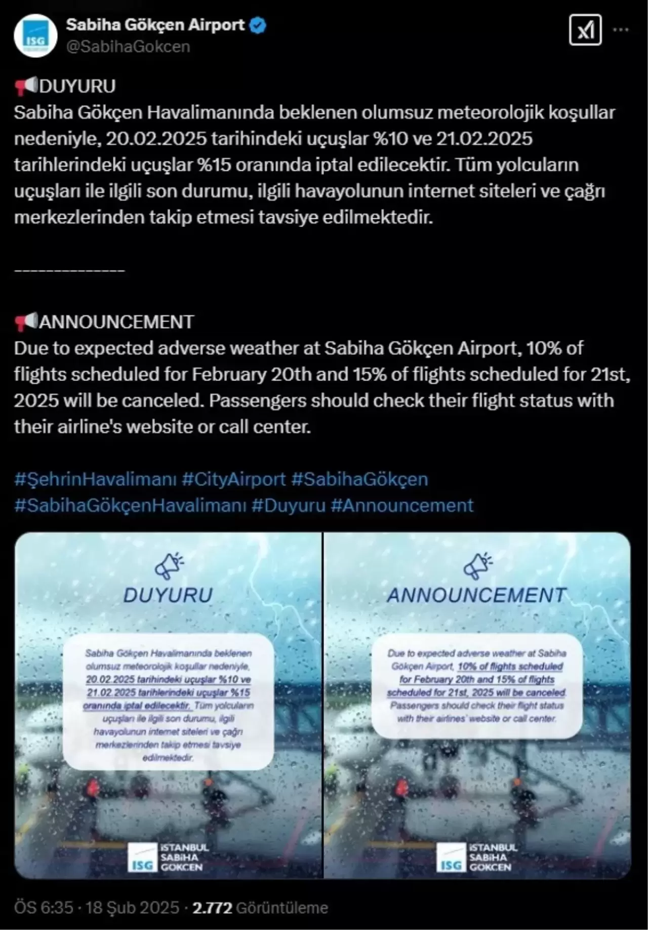 İstanbul'da Olumsuz Hava Koşulları Nedeniyla Uçuş İptalleri